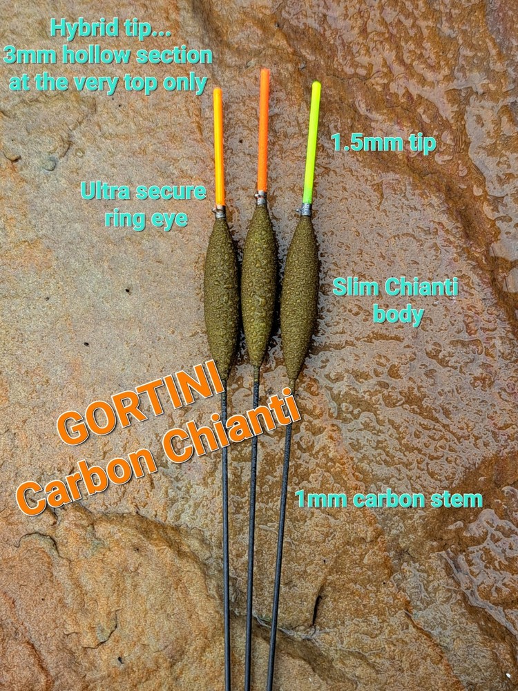 3 no. Handmade GORTINI No. 4 (0.4g) Carbon Chianti 'Solid core tip' pole float
