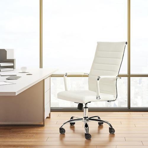 Ergonomic White Ribbed PU Leather High Back Executive Computer Desk Office Task