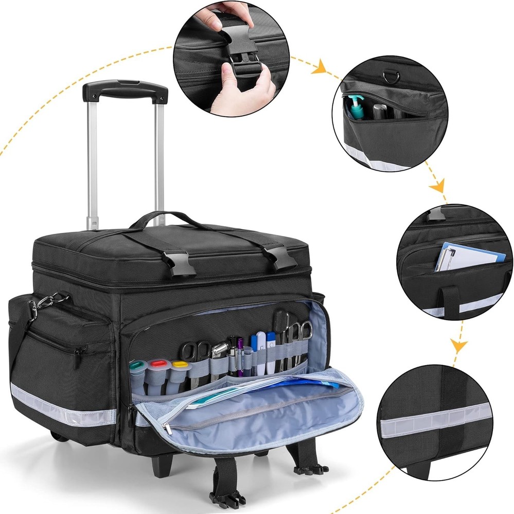 Rolling Medical Bag with Reflective Strips and Multiple Compartments