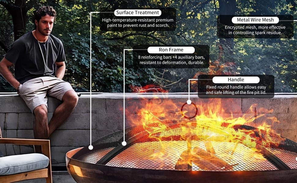 Fire Pit Spark Screen, 24 Inch Outdoor Fire Pit Screen with Foldable Hook