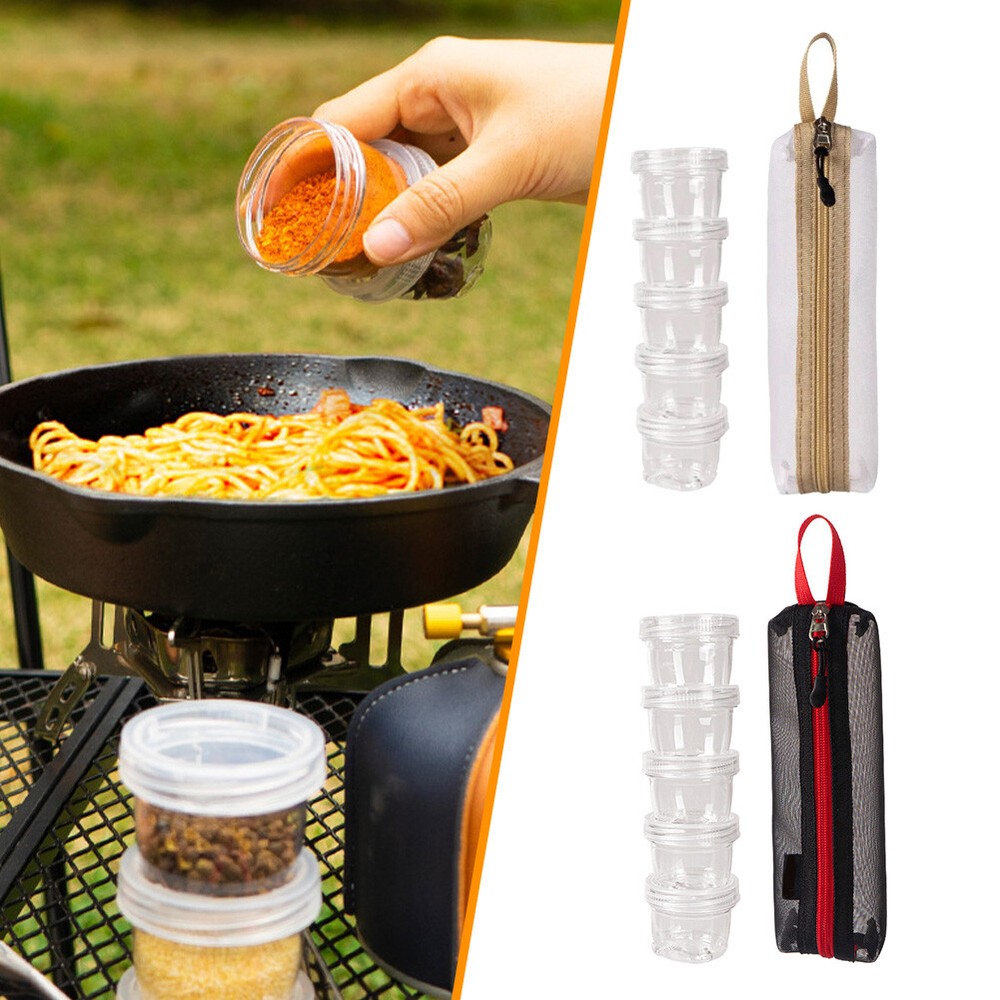Portable Spice Container w/5 Stackable Condiment Cup Camping Picnic Spice Holder