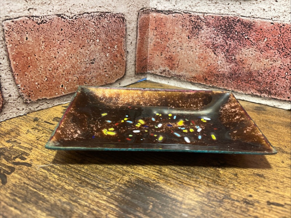 Vintage MCM Abstract Geometric Enamel Over Copper Rectangular Tray Trinket Dish