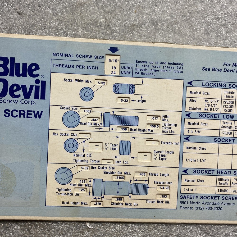 Blue Devil Socket Screw Guide Slide Chart, 1979