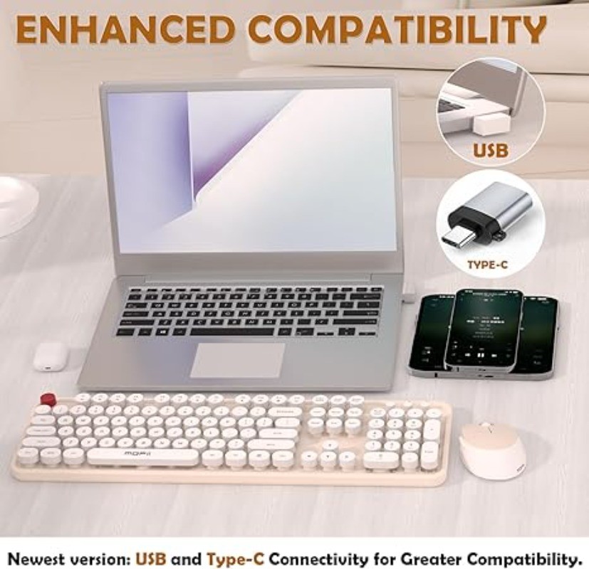 Wireless Keyboard and Mouse Combo Full Size 104 Round Keycaps Retro Typewriter