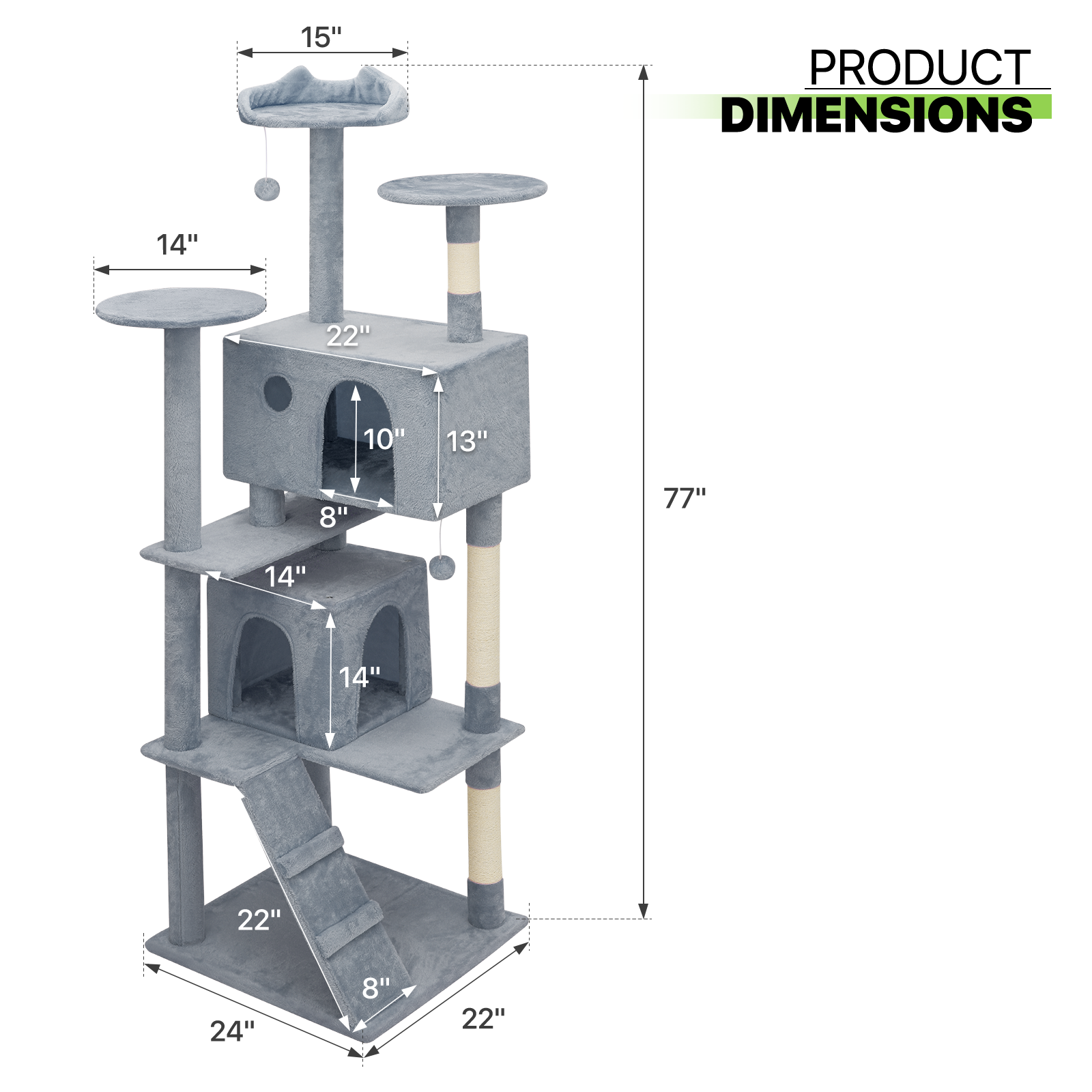 77"Cat Tree Cat Tower Large Kitten Playing House Condo Scratching Post for Rest