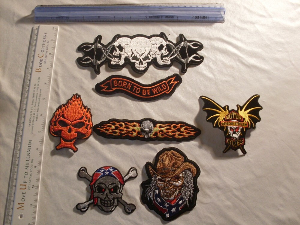 motorcycle collector patch set skull 1 large 6 smaller patches embroidered Patch