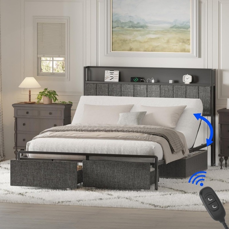 Queen Adjustable Bed with Storage Headboard Charging Station Head Incline