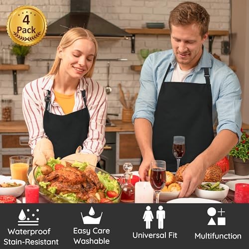 4 Packs Chef Apron Waterproof Apron, Adjustable Aprons Polyester Blend Black
