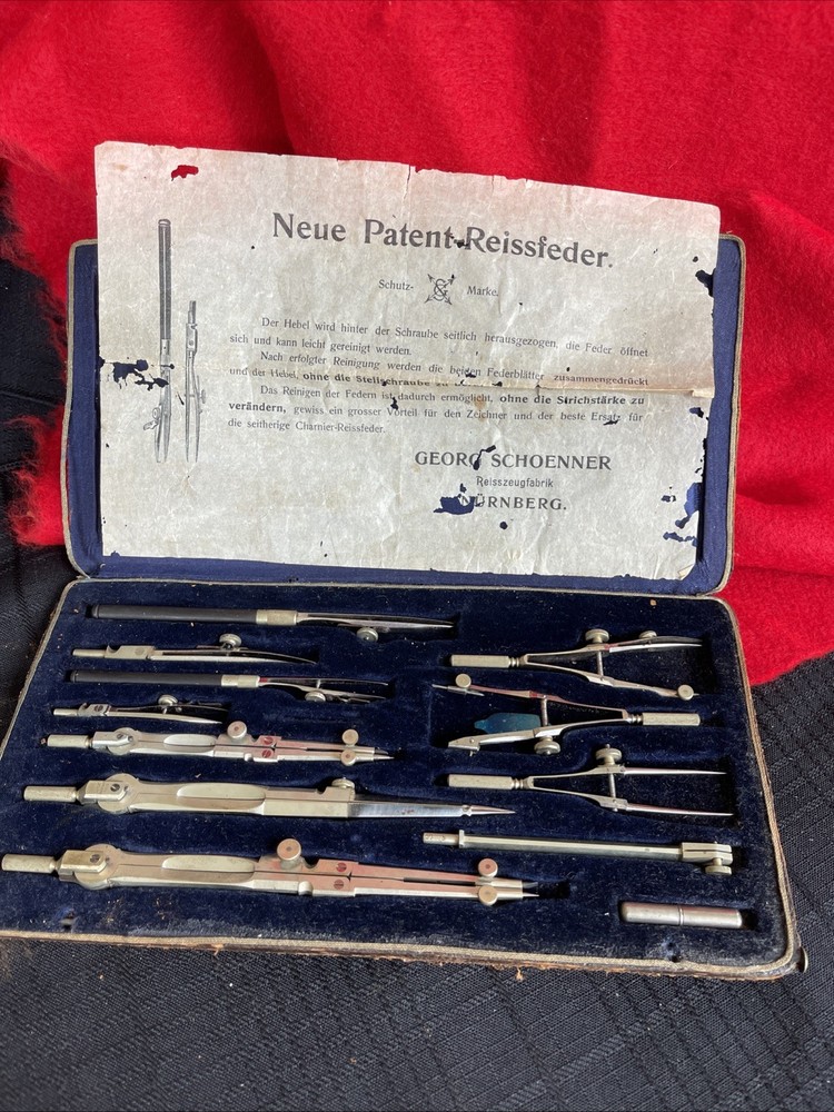 German Precision Drafting Drawing Set in Case 12 Piece - Schenner - Rare