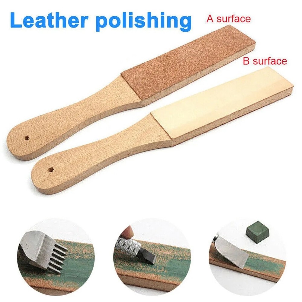 1Pcs Leather Sharpening Wood Handle Strop Tool Double Sided + Polish Compound