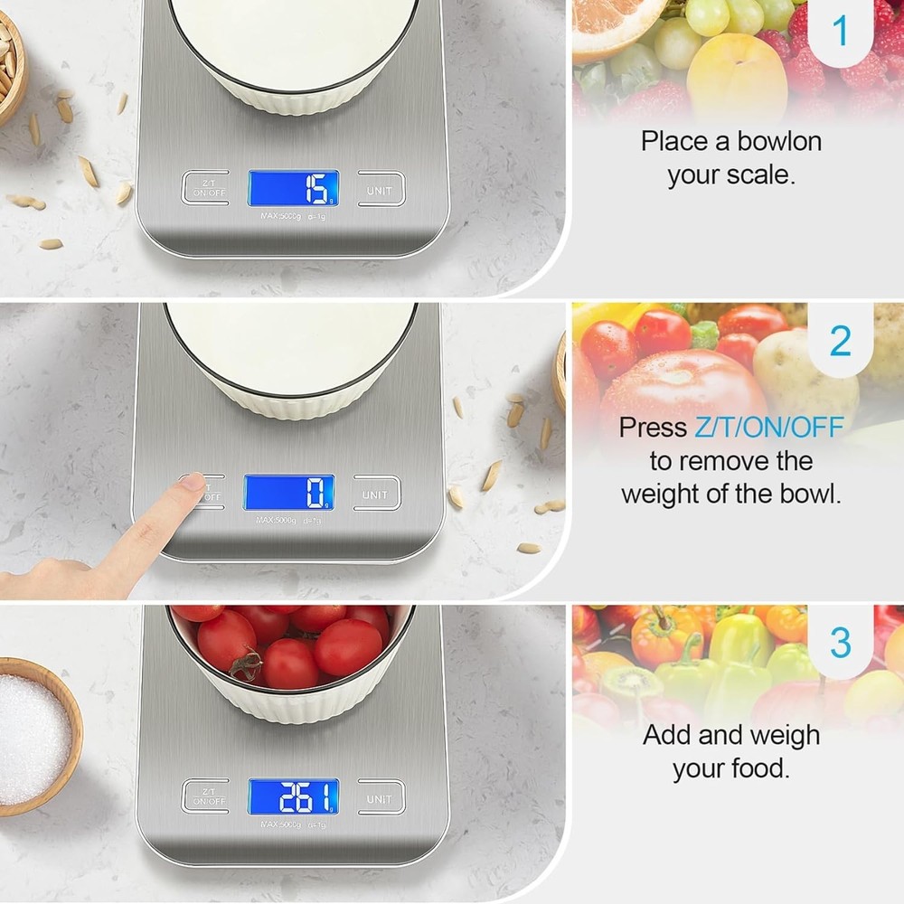 Compact Kitchen Scale - 11 lbs Capacity with Tare Function & Easy Clean Design