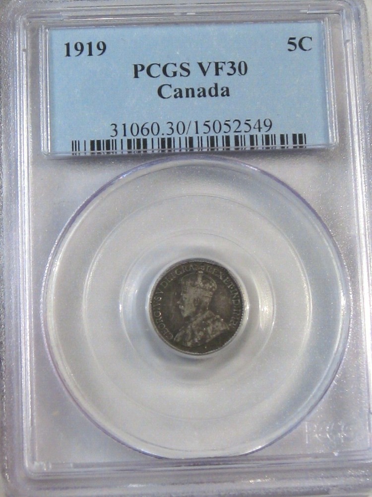 1919 Silver 5¢ Five Cent CANADA PCGS VF30.  #53