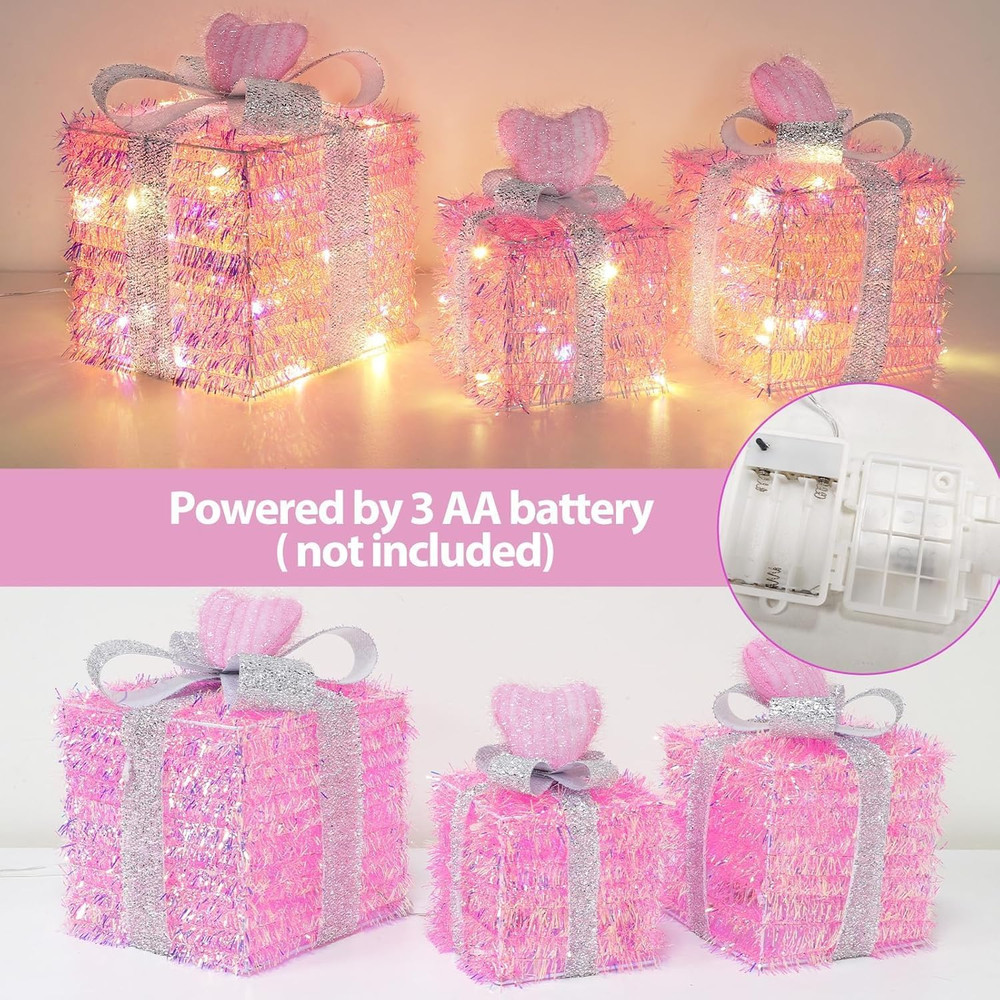Pink Valentine's Lighted Gift Boxes with Timer, 60 LED, 3 Pack Decor