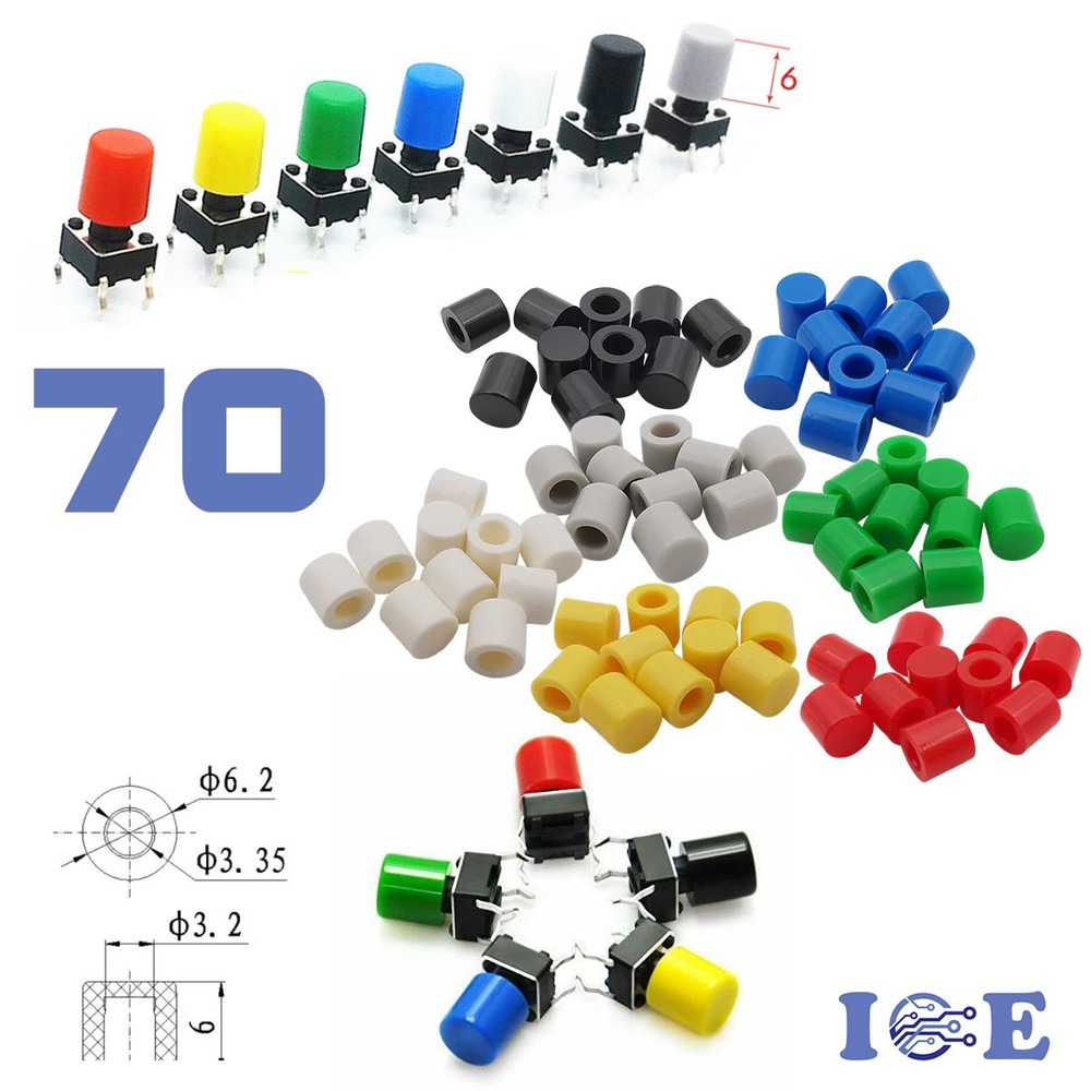 70pcs Tactile Push Button Switch Cap 6x6mm Self-locking Round Key Cap Multicolor
