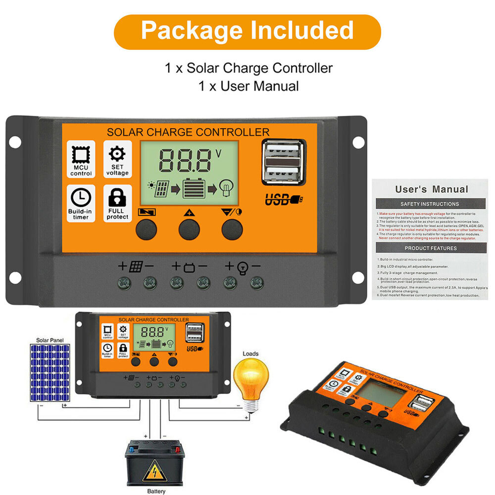 Solar Charge Controller PWM Adjustable Charging Controller 100A Battery