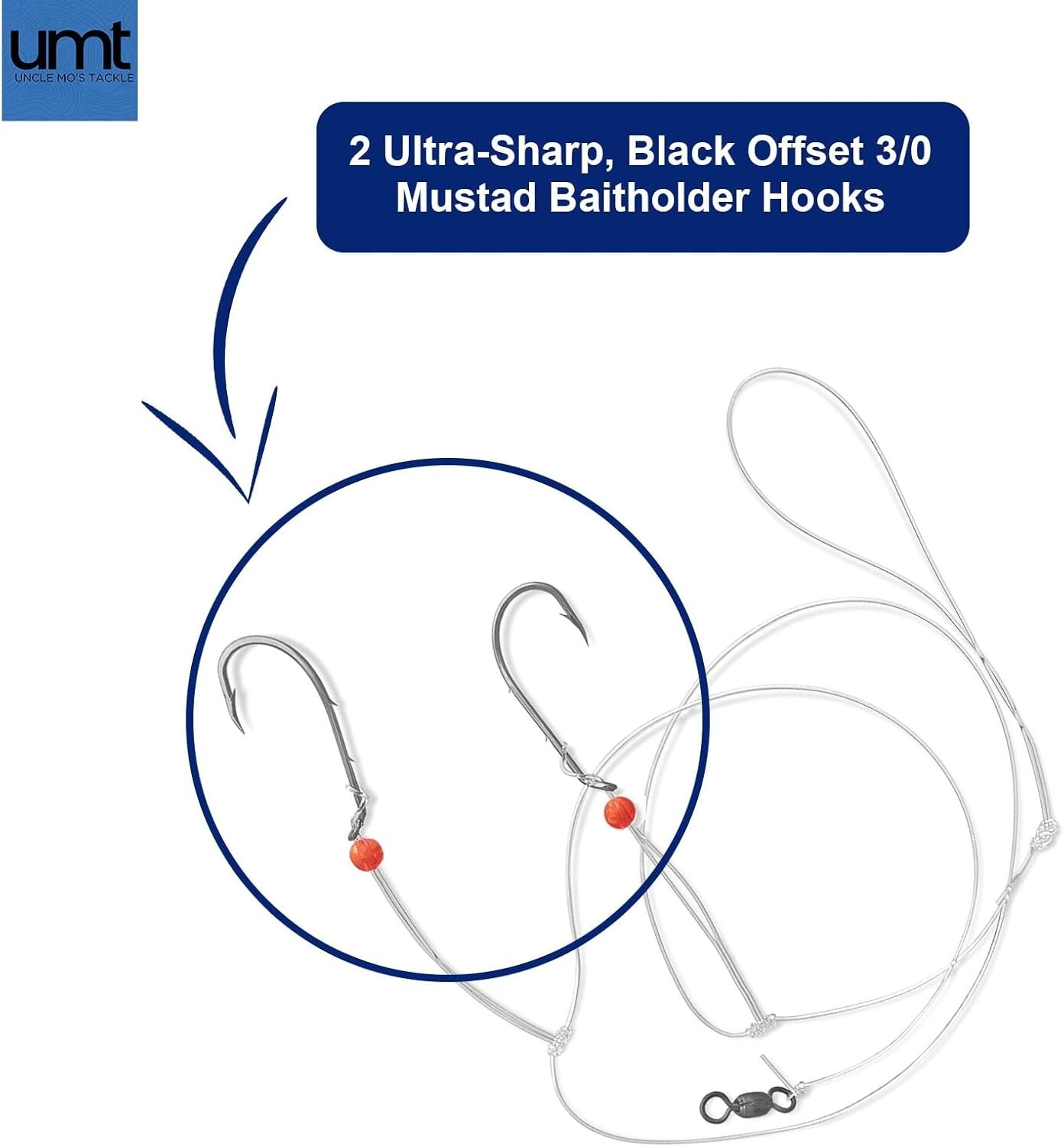 UMT - 10 Pack Hi/Lo Sea Bass Rigs Mustad 3/0 Bait Hooks, 60lb Line, 80lb Swivel