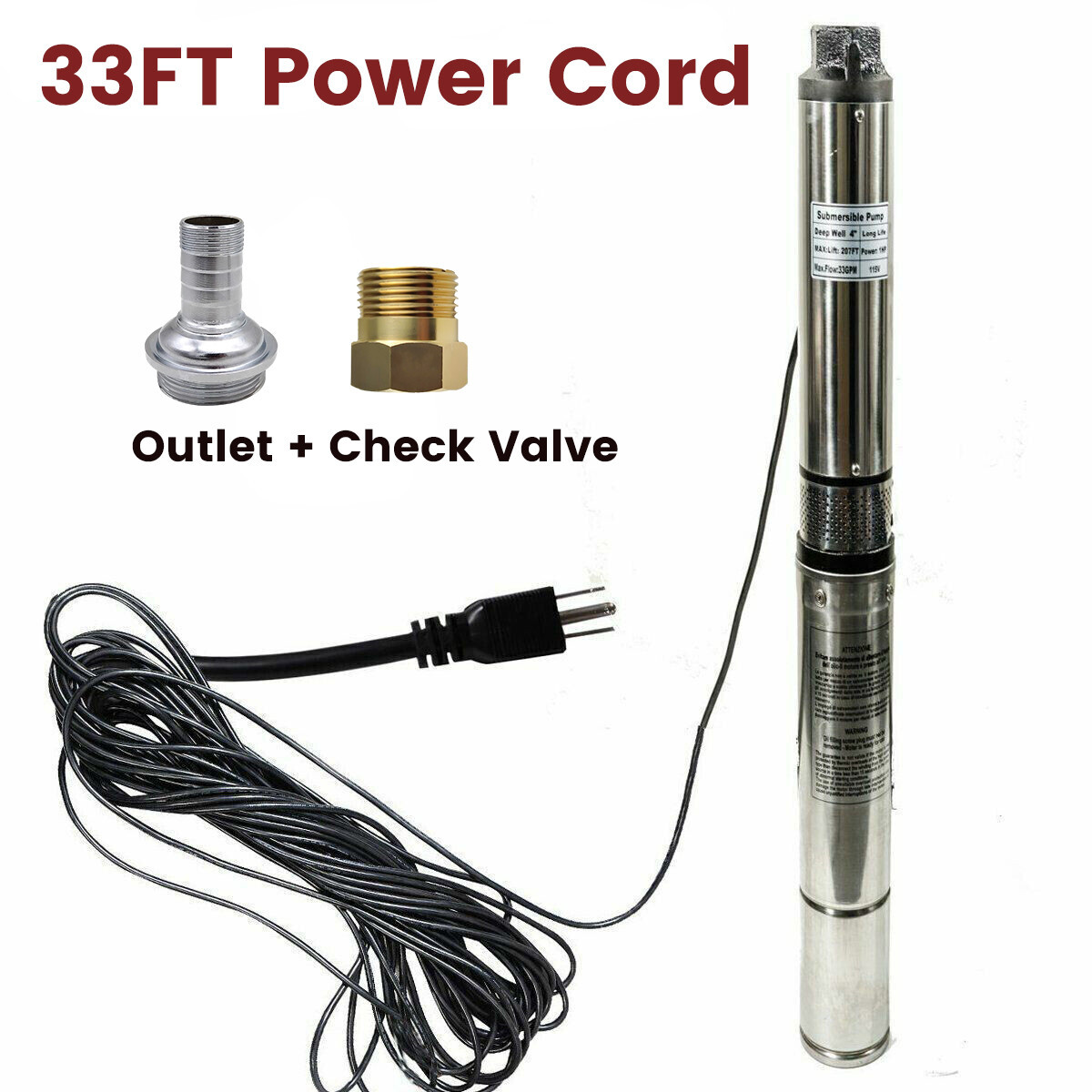 1 HP 4'' Deep Well Submersible Pump ,115V, 33 GPM, 276 ft ,60Hz,Stainless Steel