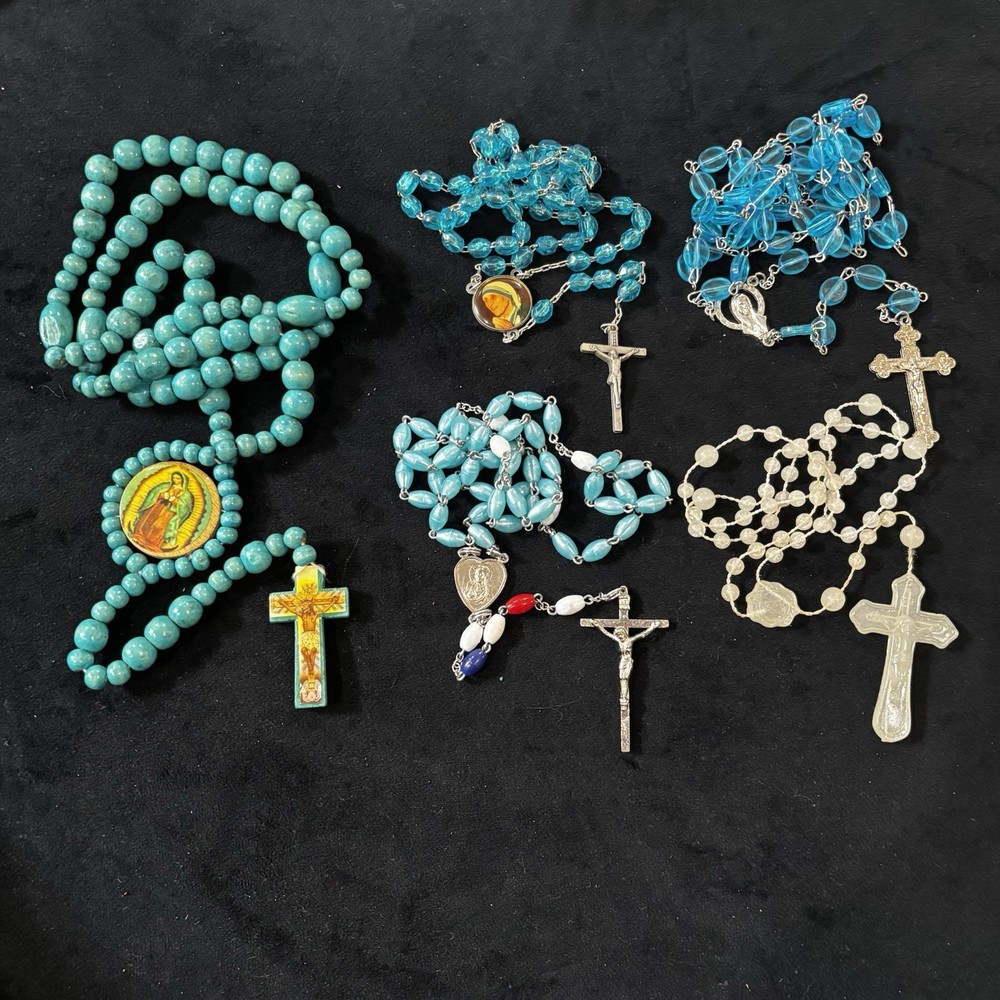 5pc Catholic Rosary Lot Mother Teresa Italy Guadalupe Blue Aqua Prayer Beads