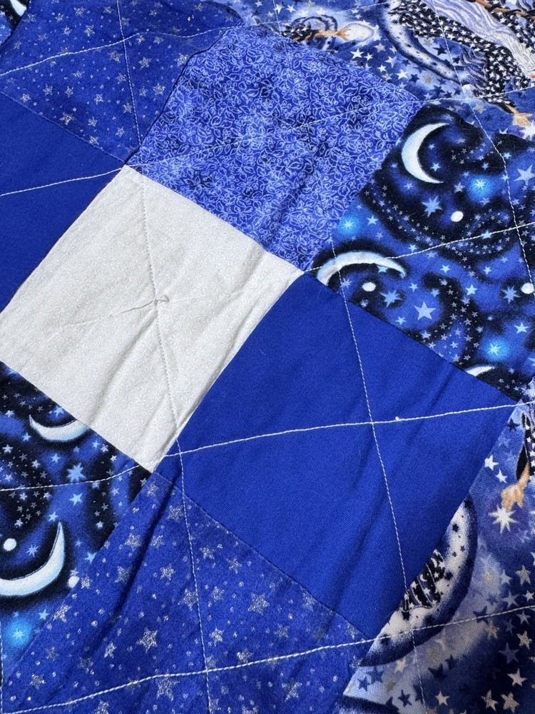 Handmade Modern Quilt Blue Celestial Wizard 9 Square Flannel Back Queen Signed