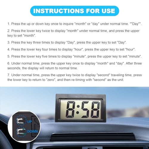Mini Car Clock, Auto Digital Watch with LCD Time, Dashboard Electronic Black