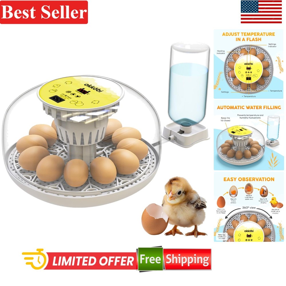 Okkobi M12 Automatic Egg Incubator - Precise Temp & Humidity Control, 12-24 Eggs