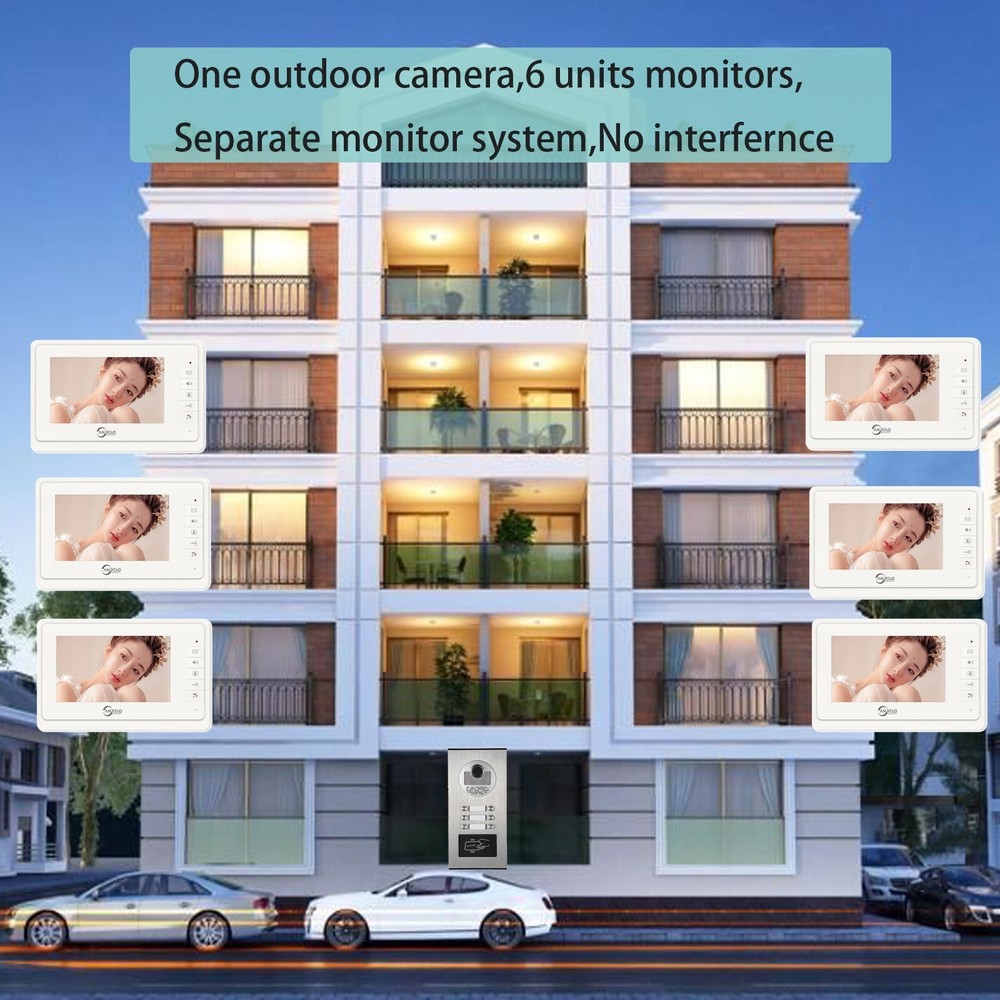 7-Inch Video Door Intercom System for 6 Homes with ID Card Unlock