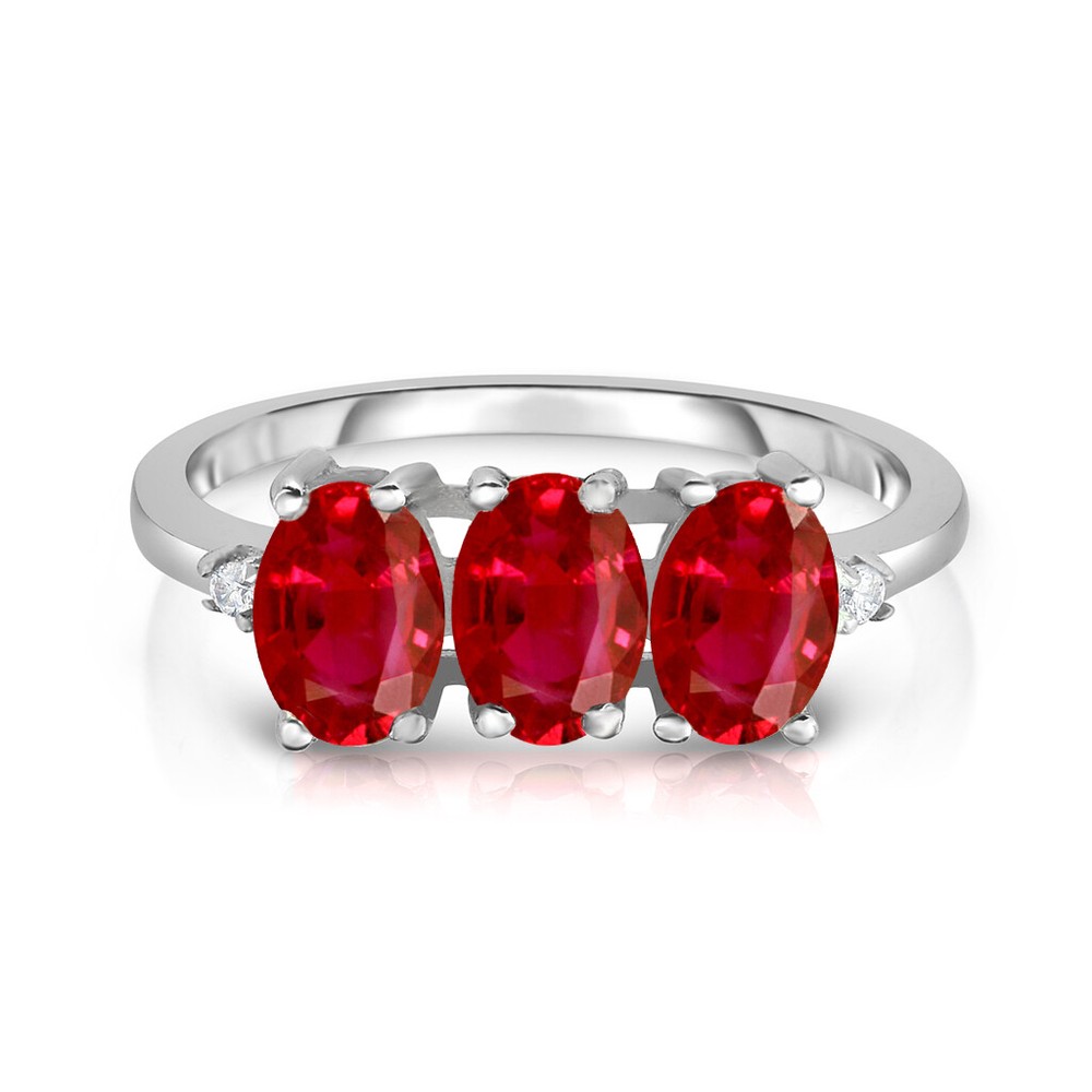 925 Sterling Silver 3.00 CTTW Created Ruby Oval Cut Tri Stone Ring Sizes 6-9