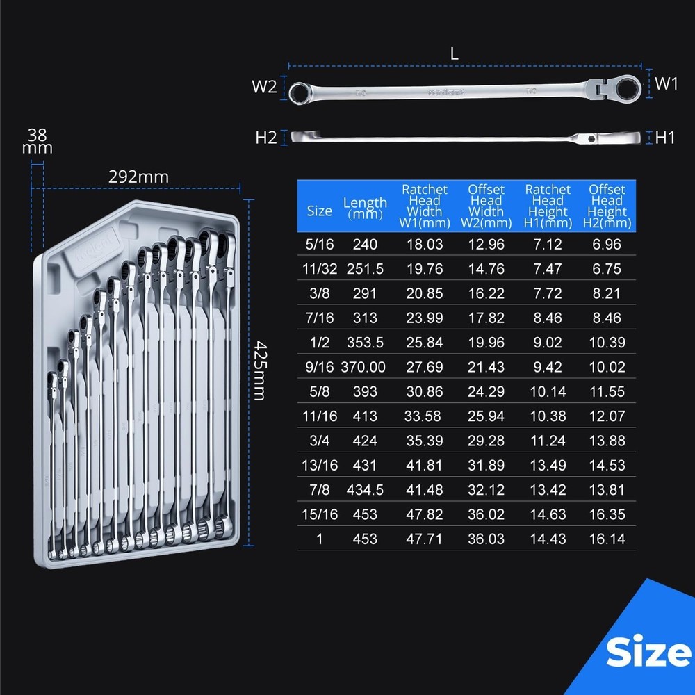 Extra Long Ratcheting Wrench Set, Flex Head & Fixed Offset Head Double Box
