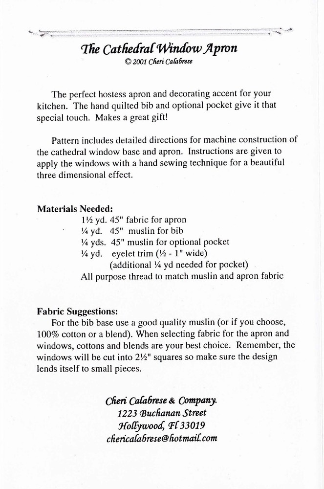 Apron Pattern, Cathedral Window Quilting Pattern Instructions, 'Use your scraps"