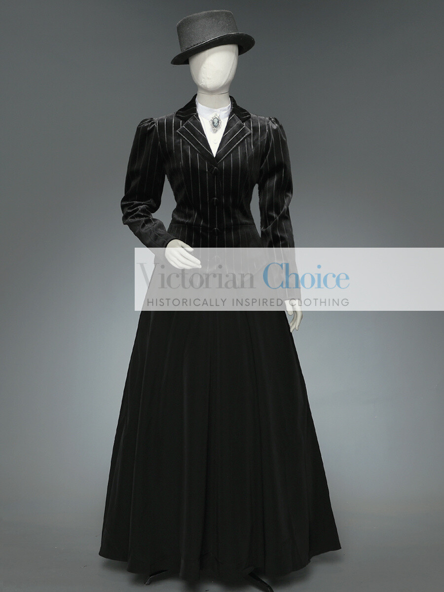 Women Black Victorian Edwardian 3PC Velvet Day Dress Suit Theater Steampunk 166