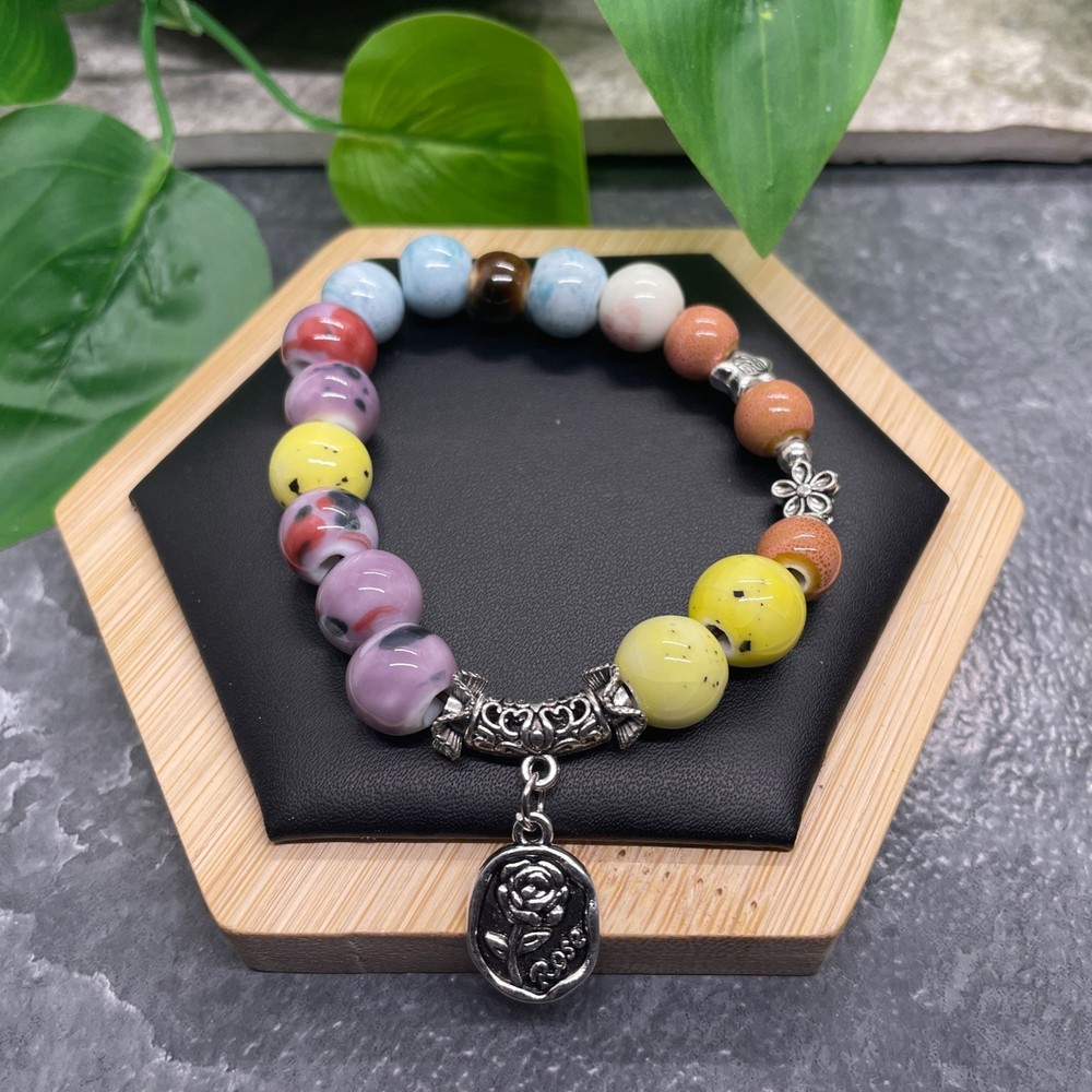 Handmade Ceramic Bead Beaded Stackable 6.25” Plus Stretch Bracelet New B516