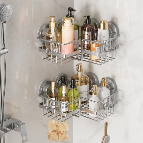 Corner-adaptive Suction Cup Shower Caddies 2 Pack, Corner Caddy, Grey