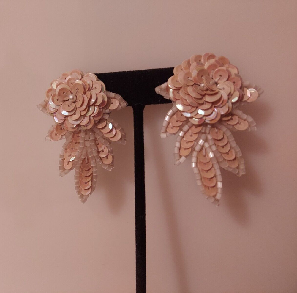 cream sequin posts earrings statement flower leaf design 2 1/8"x 1.5"