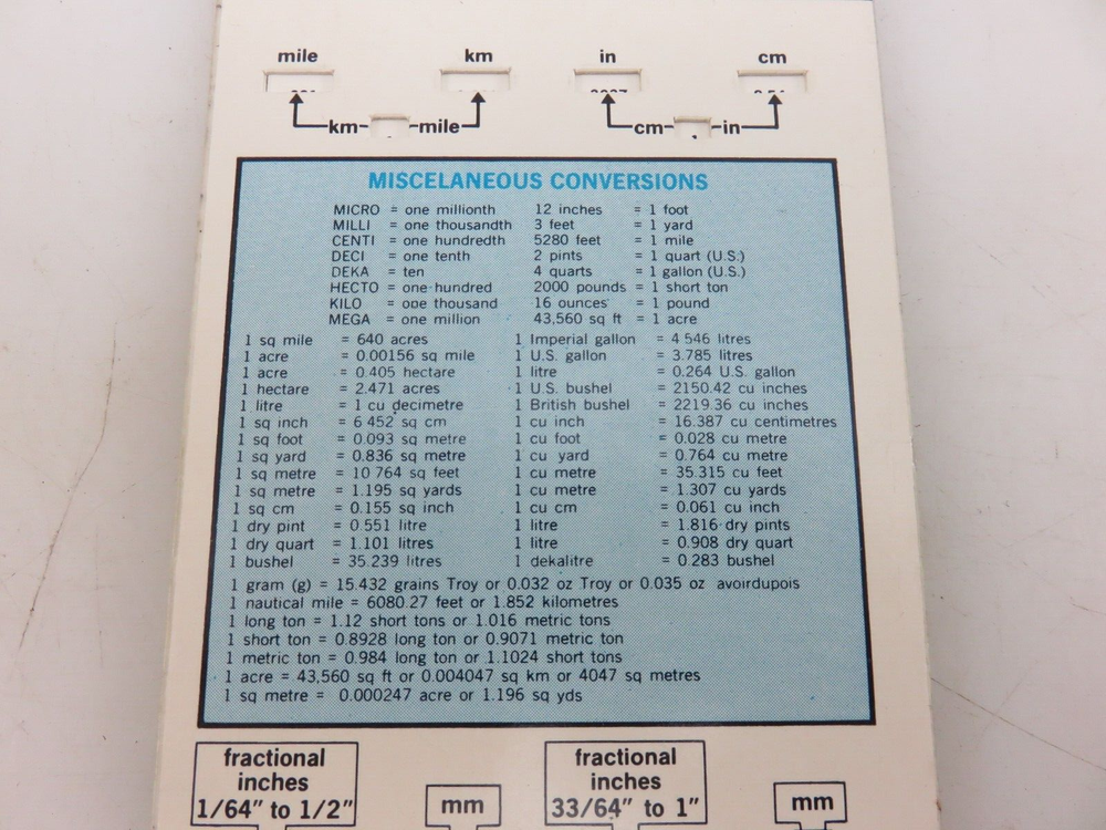 Snap-On Universal English/SI METRIC Datalizer Conversion Slide Chart Tool