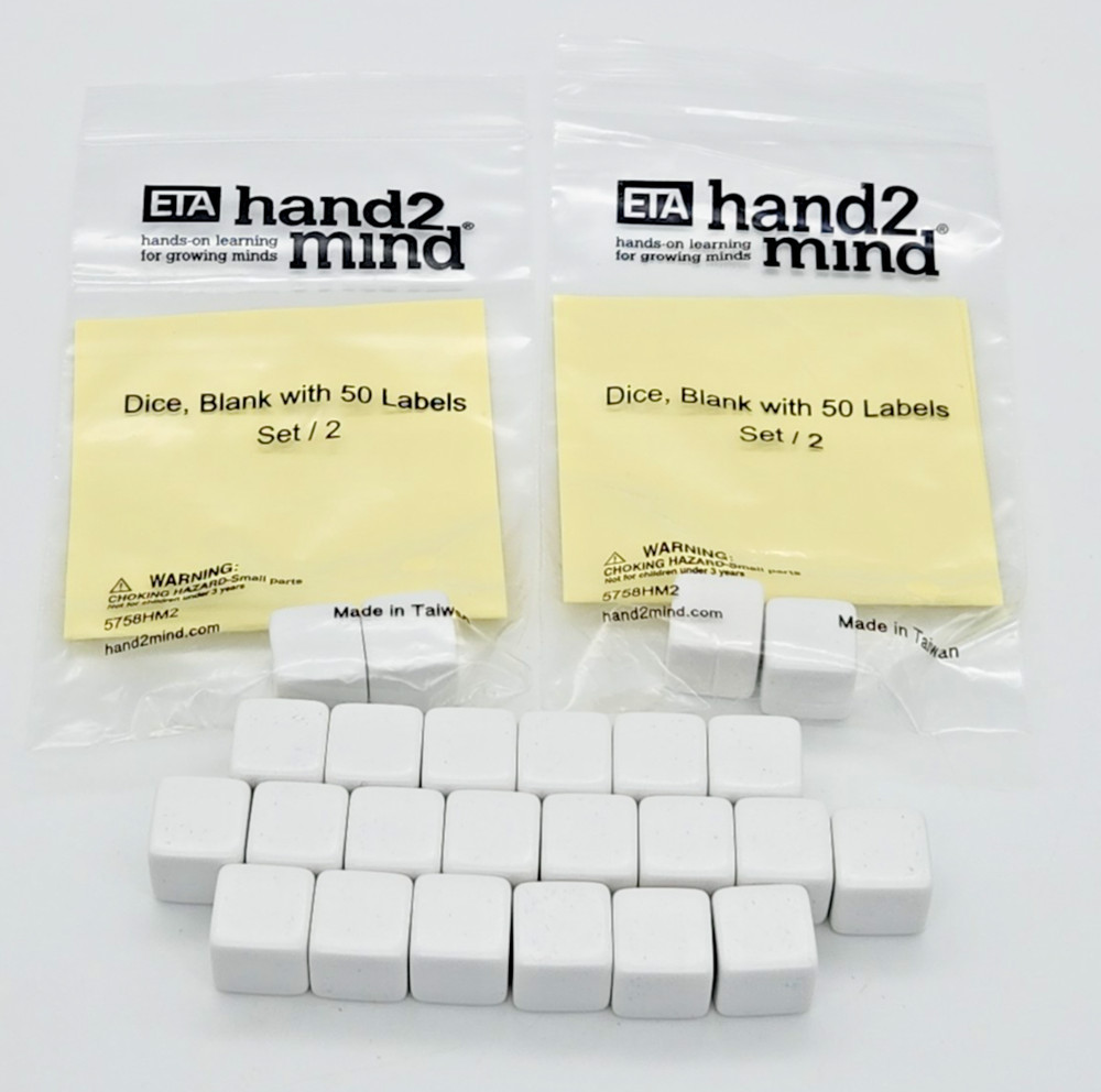 ETA HAND2MIND 2 Blank white dice with 50 writable labels (2 SETS) -20 extra dice