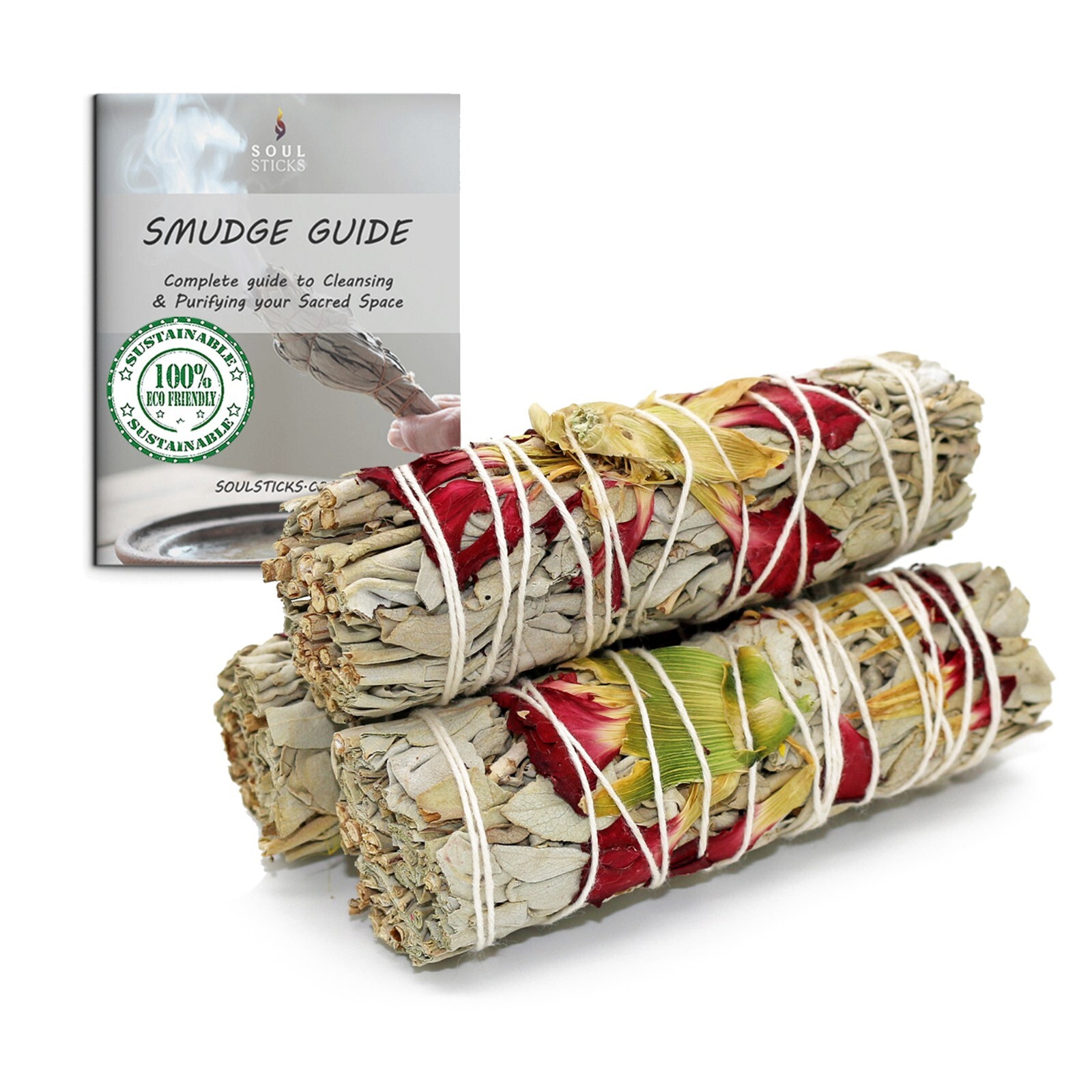 3 Pack Spring Morning Floral White Sage Smudge Sticks with Flowers and Guide