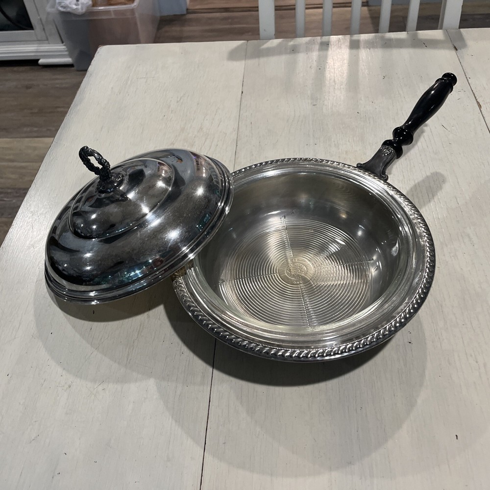 Silverplate Covered Serving Dish 3 Pc.~Pyrex Vintage Wood Handle~EUC~RARE￼