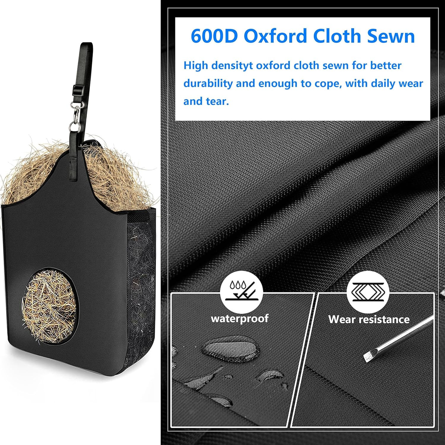 Hay Bag Hanging Goat Feeder Tote Premium Oxford Cloth with Metal Ring and Adjust