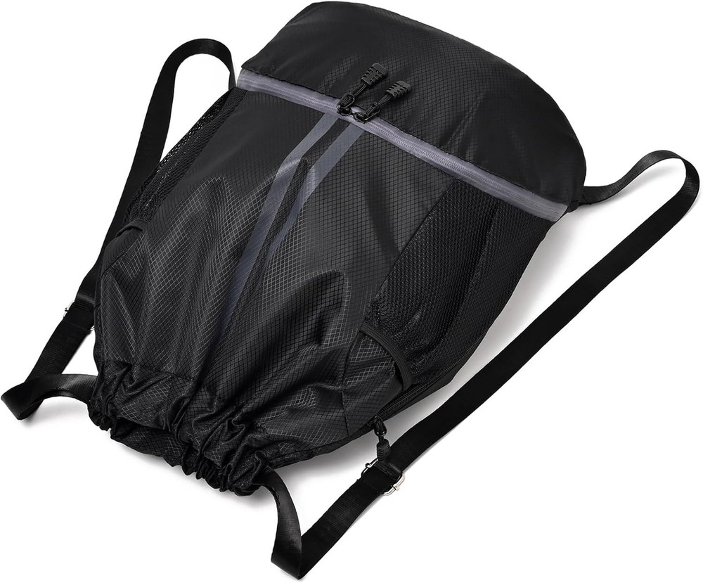 Black Drawstring Gym Bag, Waterproof Backpack with Shoes Compartment