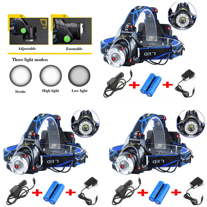 3Pack Rechargeable Headlight Zoomable Head Torch Lamp Flashlight LED Headlamp
