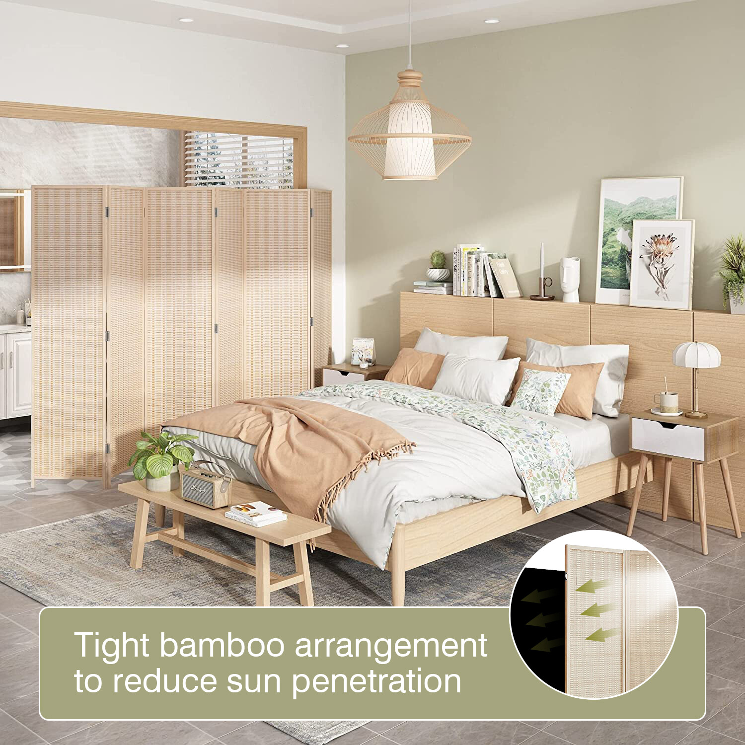 6 Panel Bamboo Room Divider, Folding Privacy Wall Divider Freestanding Partition