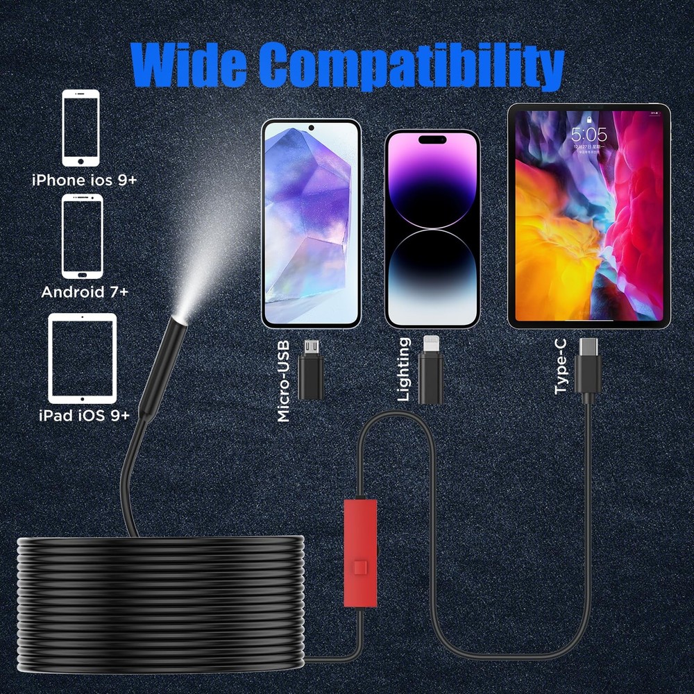Endoscope Camera with Light, 1920P HD Borescope Camera with Light,Semi-Rigid ...