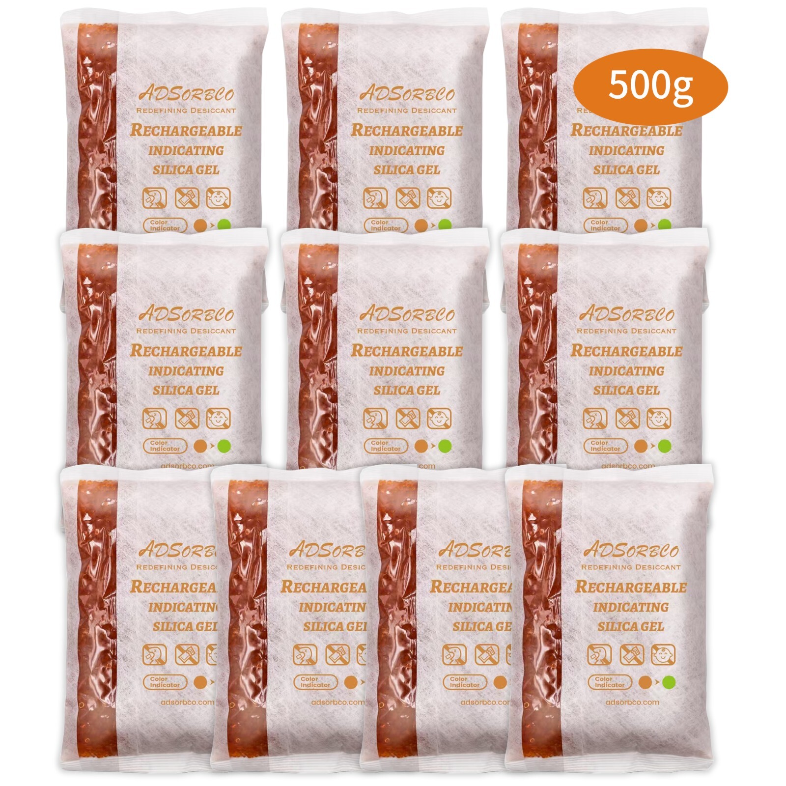 [500g 10p]Adsorbco Rechargeable Desiccant Packs, Indicating Silica Gel Packets