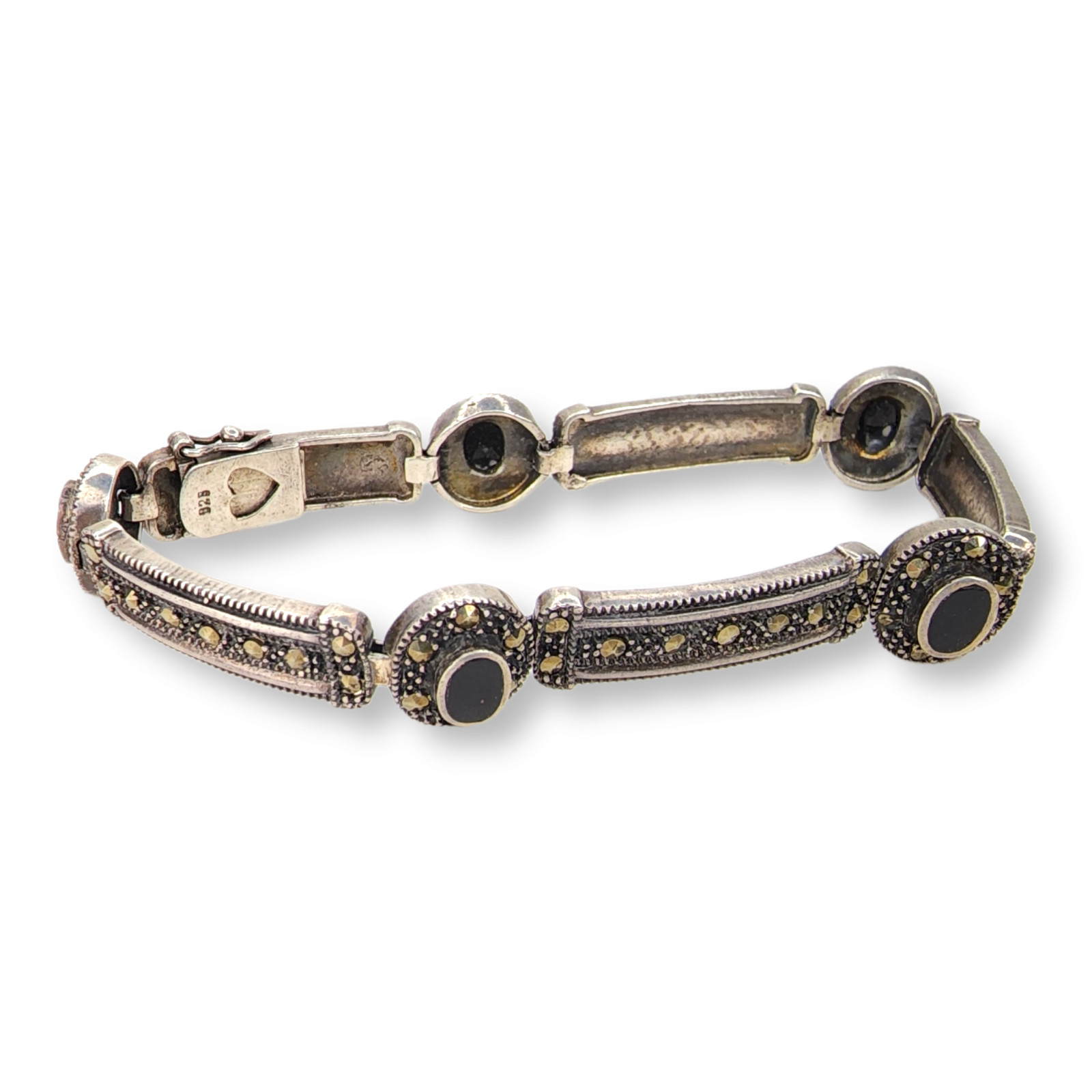 Vintage Sterling Silver 925 Marcasite and Black Onyx Link Bracelet 7.5 Inches