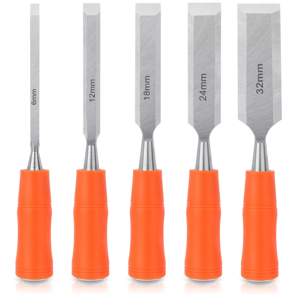 5 Piece Wood Chisel Sets Woodworking Tools Steel Hammer End Ergonomic Kit