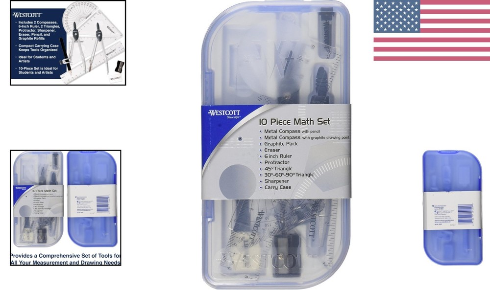 10-Piece Math Set for Students, Includes 2 Compasses, Protractor & Ruler, Bac...