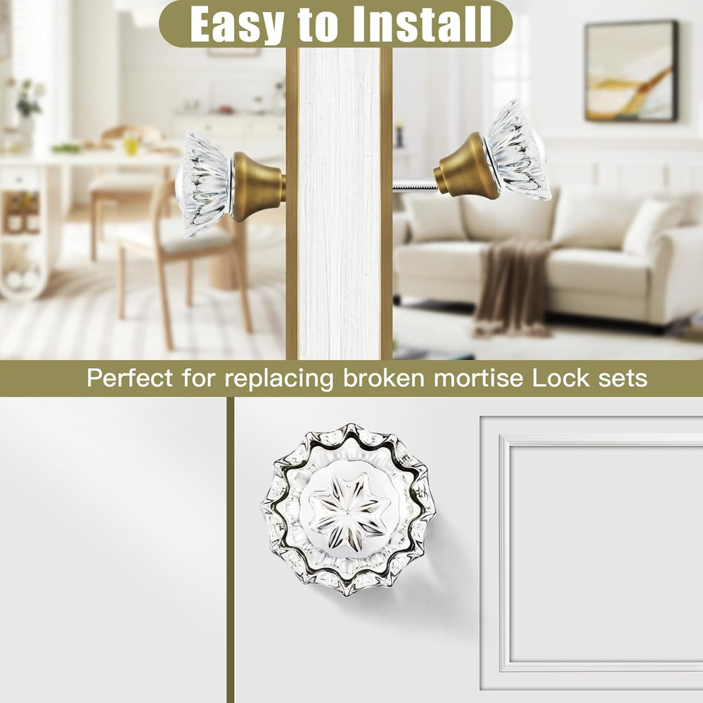 1 Pack Glass Door Knobs Interior Mortise Lock Replacement Set with Spindle, Vint