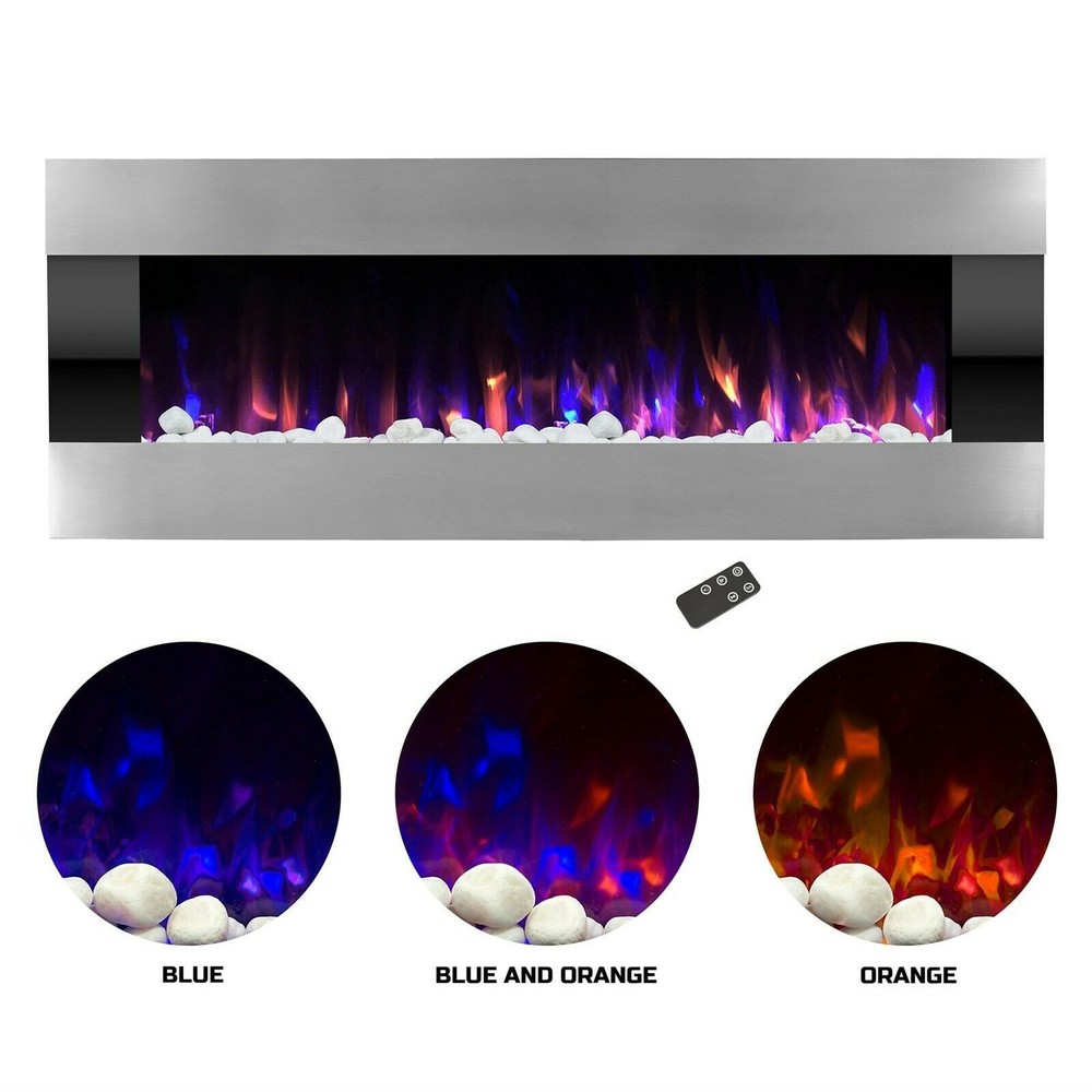 54" Electric Fireplace Wall Mounted Adjustable Heat Remote Backlight Color Timer