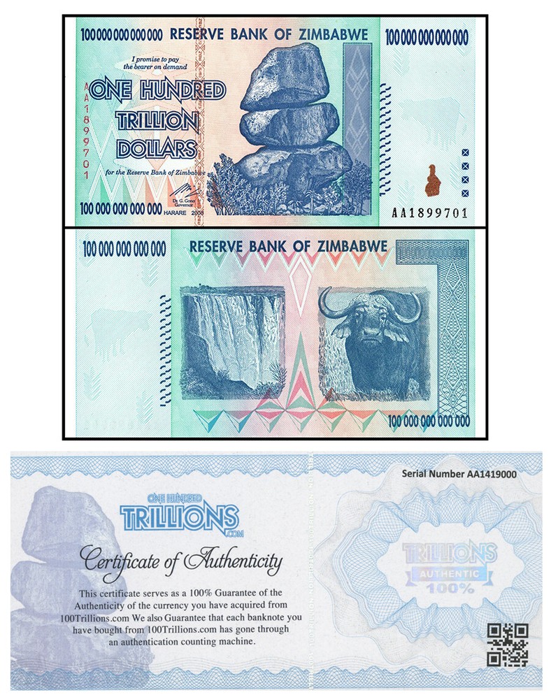 Zimbabwe 100 Trillion Banknote 1 Note AA/2008, UNC Authenticity 36 hours only