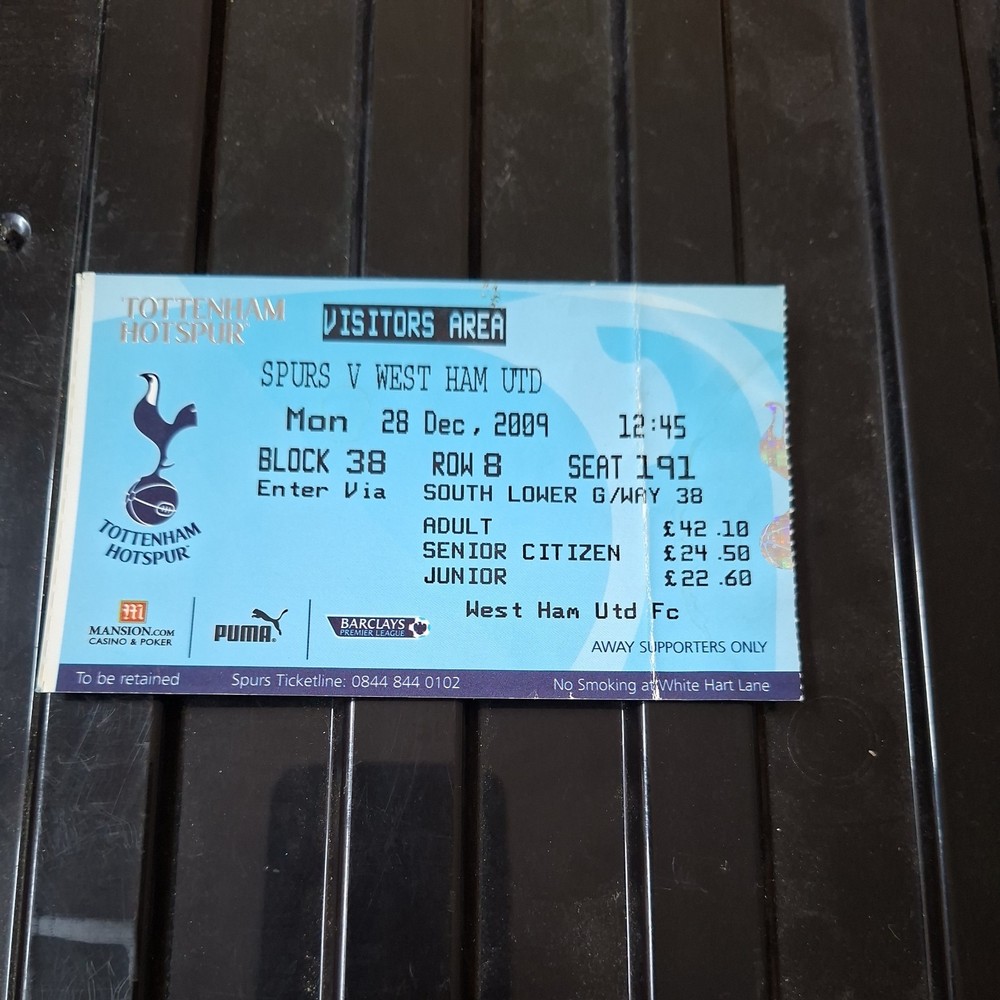 28/12/2009 Tottenham v West Ham Ticket